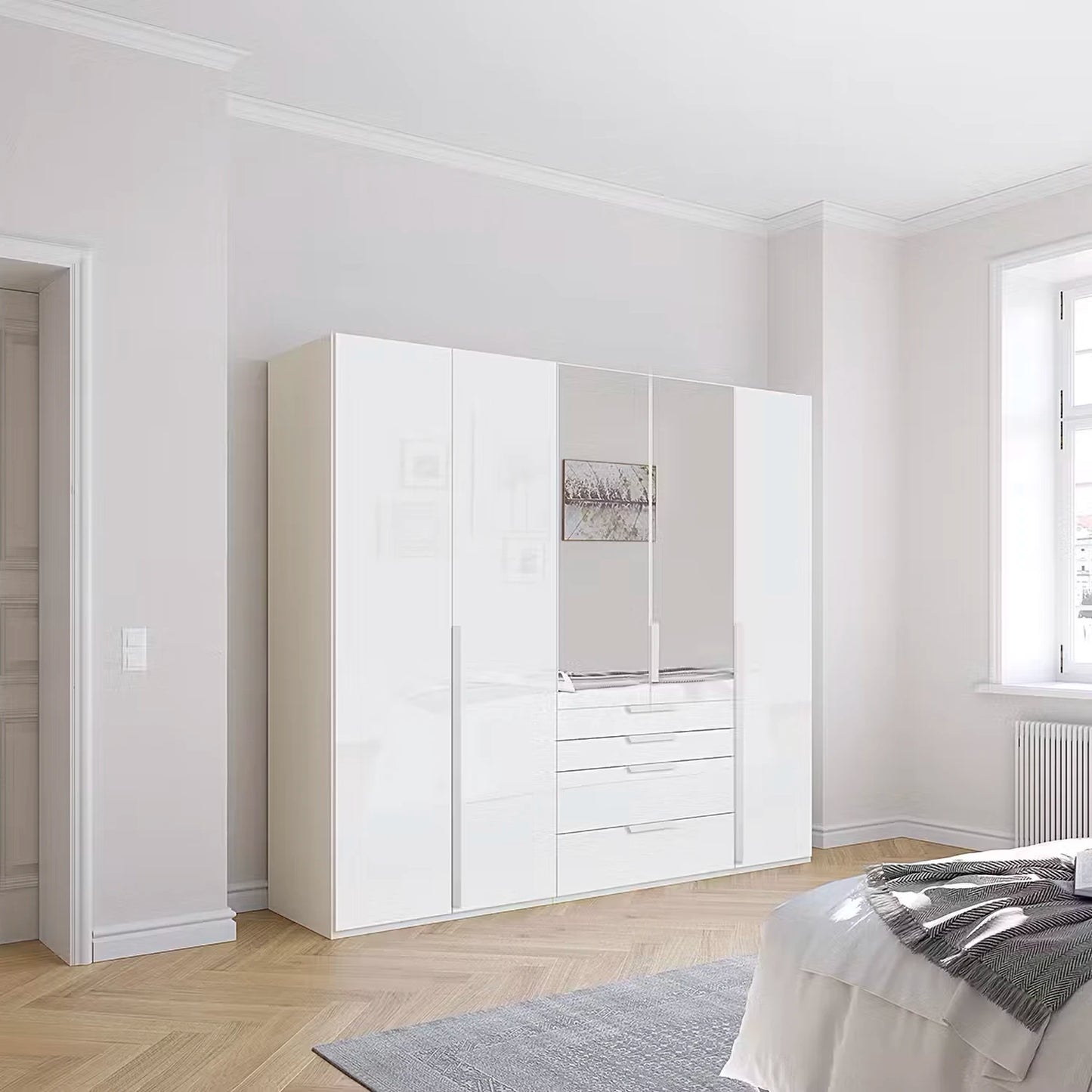 Rauch Frans 251cm White Glass 5 door wardrobe with exterior drawers, Mirror, Long Door Handles and Premium Interior 