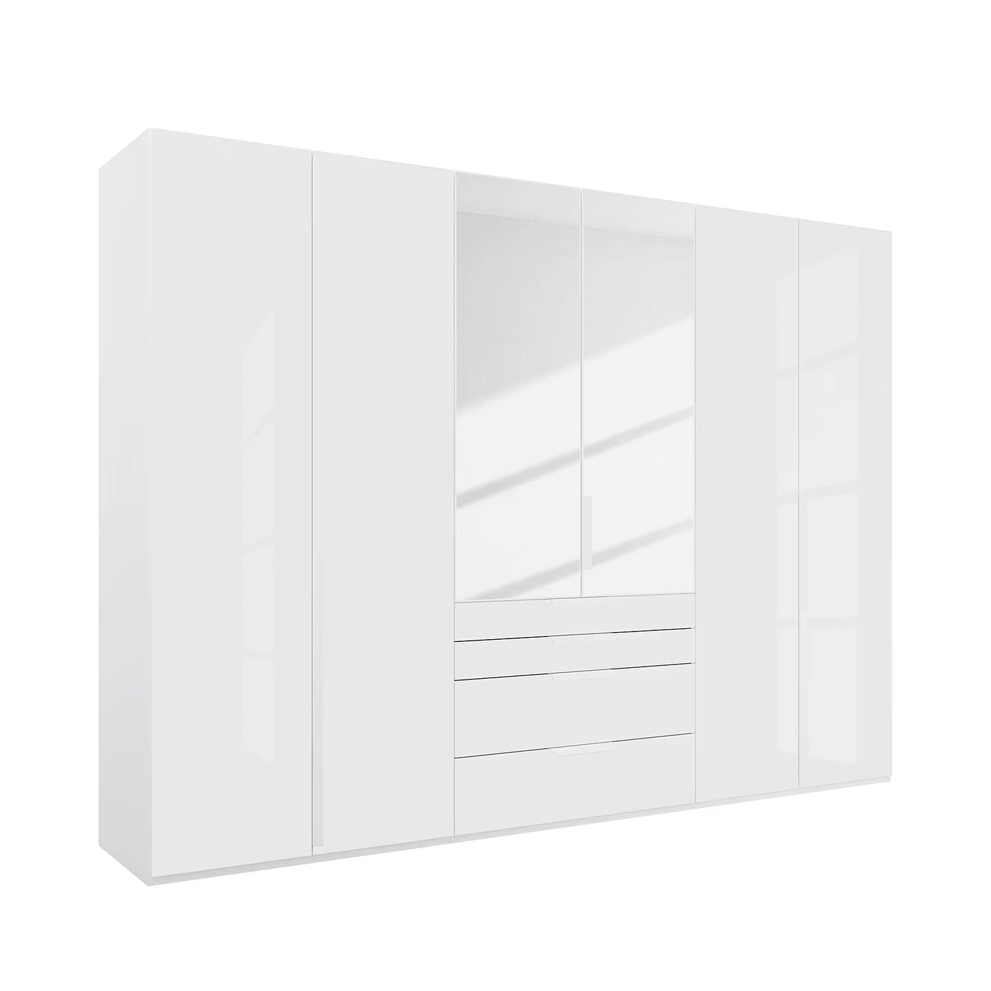 Rauch Frans 301cm White Glass 6 Door Hinged Wardrobe with Exterior Drawers, Mirror, Long Door handles and Premium Interior Inside 