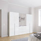 A modern Rauch Frans 301cm Glass 6 Door Hinged Wardrobe with Exterior Drawers, Mirror and Long Door Handles