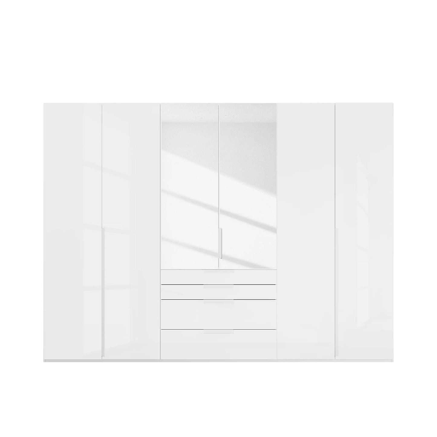 A modern white high-gloss wardrobe or closet cabinet with two mirrored doors, two side doors, and a central drawer section, shown against a plain white background.