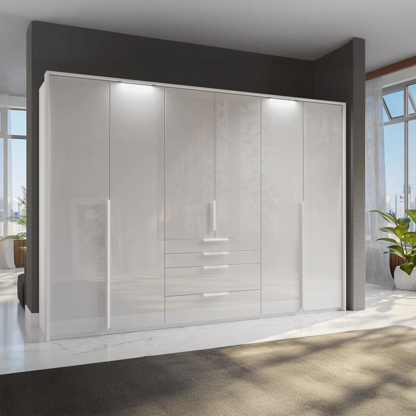 A modern Rauch Frans 301cm White Glass 6 Door Hinged Wardrobe with Exterior Drawers, Mirror, and LED Light Frame