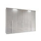 A modern Rauch Frans 301cm White Glass 6 Door Hinged Wardrobe with Exterior Drawers, Mirror, and LED Light Frame