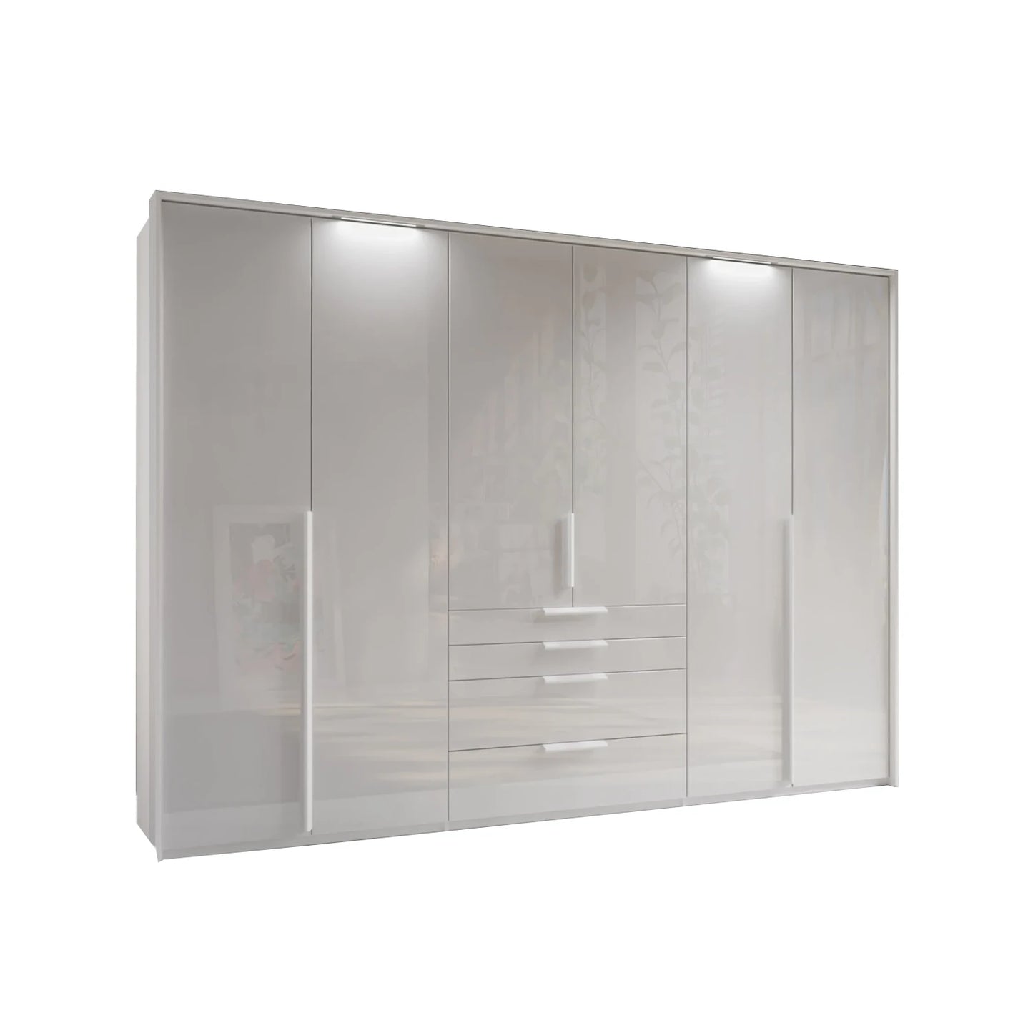 A modern Rauch Frans 301cm White Glass 6 Door Hinged Wardrobe with Exterior Drawers, Mirror, and LED Light Frame