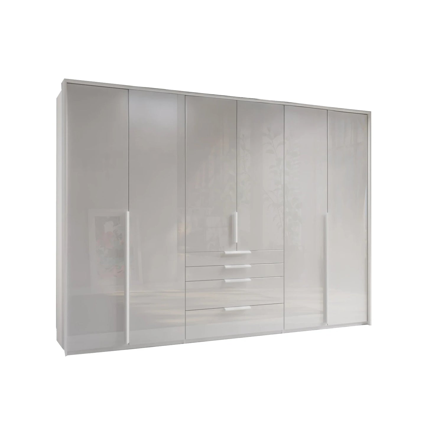 A modern Rauch Frans 301cm White Glass 6 Door Hinged Wardrobe with Exterior Drawers, Mirror, and Passepartout  Frame