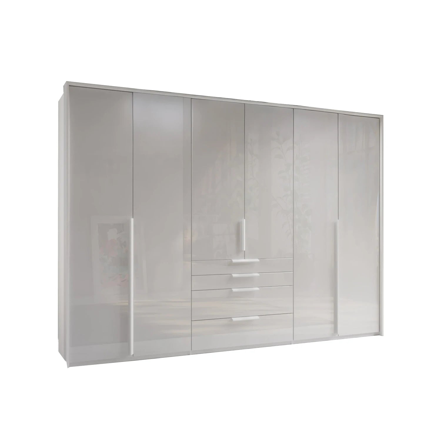 A modern Rauch Frans 301cm White Glass 6 Door Hinged Wardrobe with Exterior Drawers, Mirror, and Passepartout  Frame
