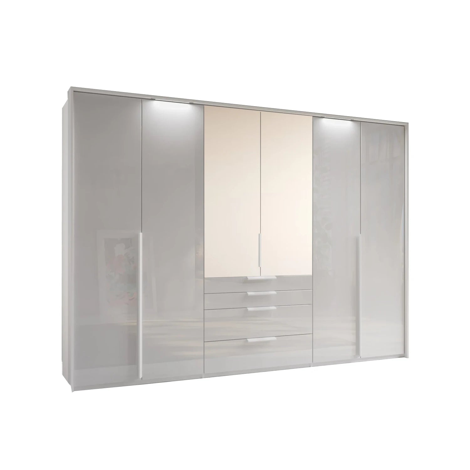 A modern Rauch Frans 301cm White Glass 6 Door Hinged Wardrobe with Exterior Drawers, Mirror, LED Light, Long Door handles and Premium Interior Inside 