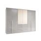 A modern Rauch Frans 301cm White Glass 6 Door Hinged Wardrobe with Exterior Drawers, Mirror, and Passepartout  Frame