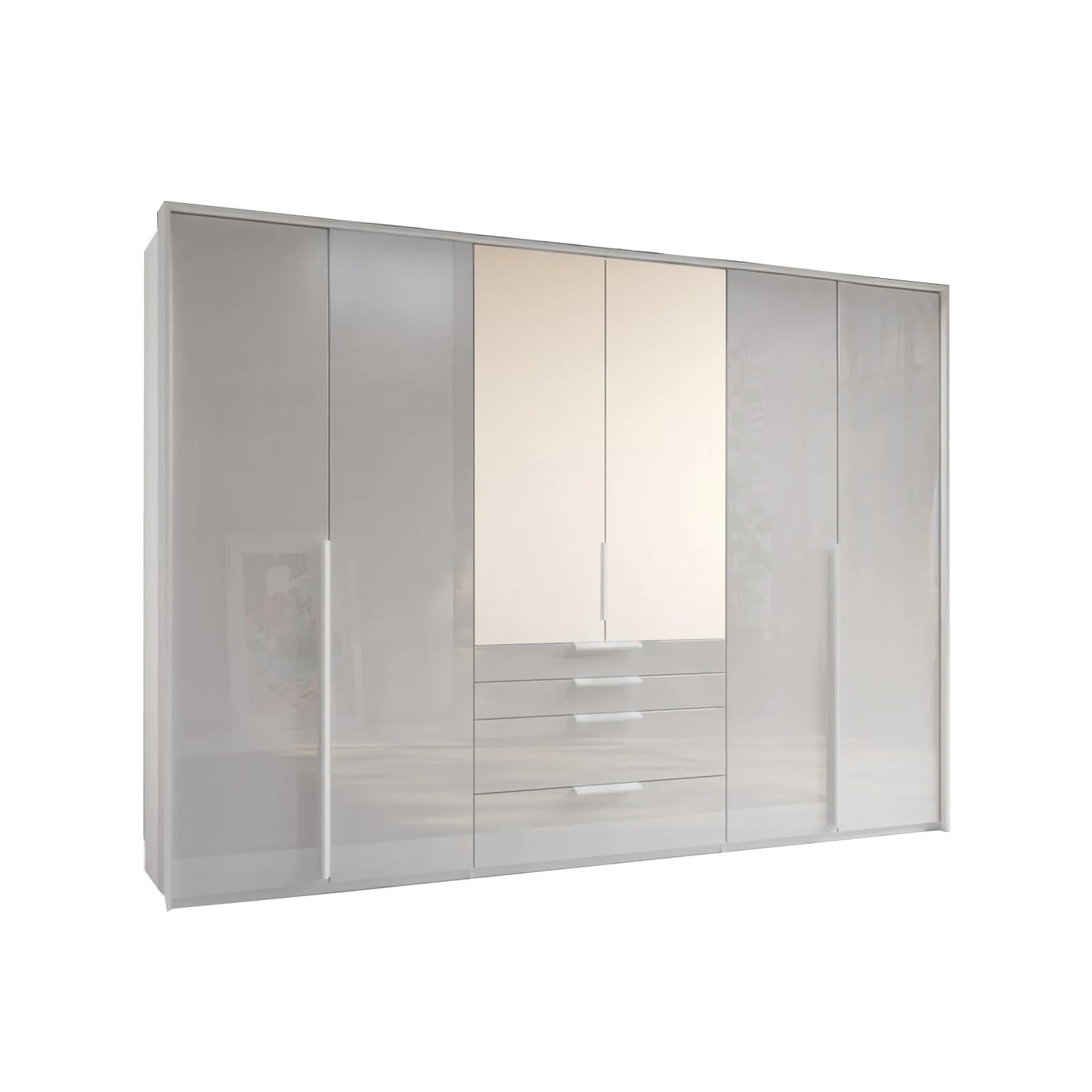 A modern Rauch Frans 301cm White Glass 6 Door Hinged Wardrobe with Exterior Drawers, Mirror, and Passepartout  Frame
