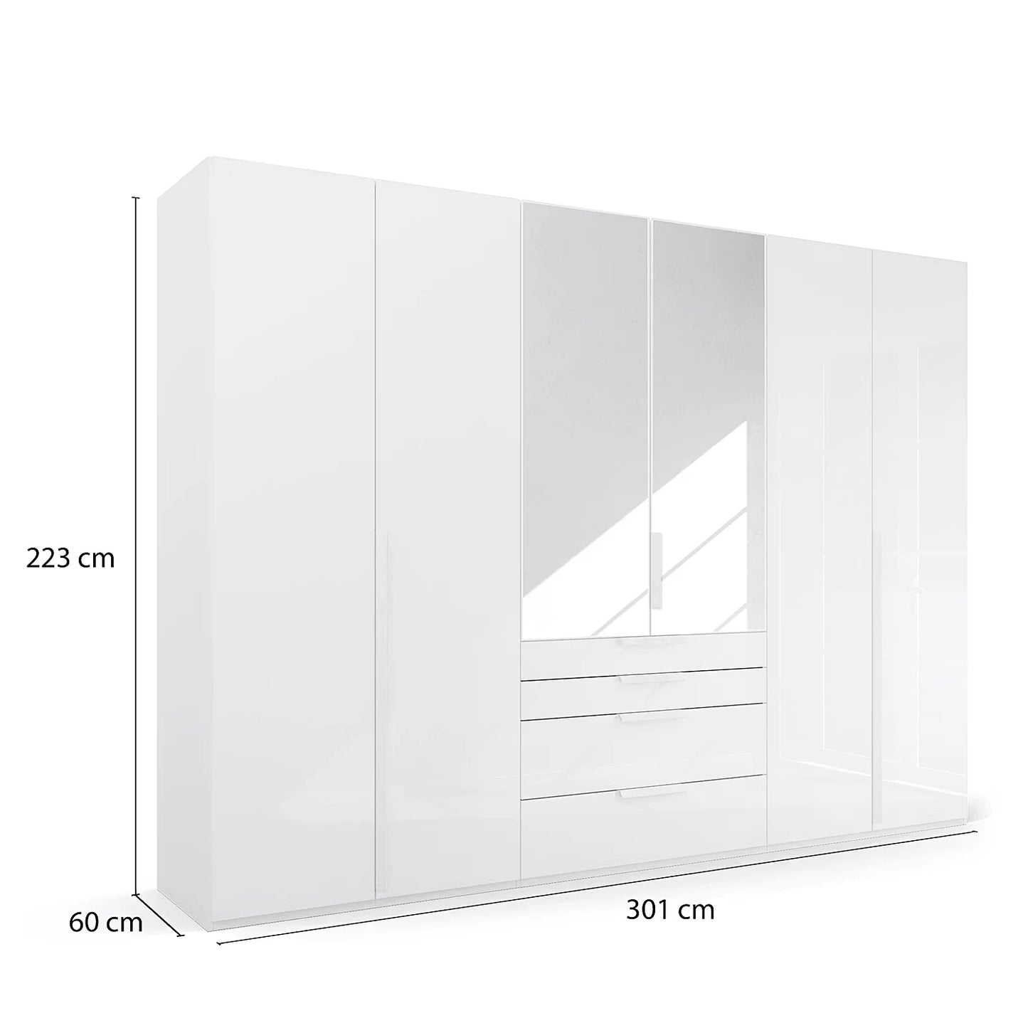 Rauch Frans 301cm Glass 6 Door Hinged Wardrobe with Exterior Drawers, shown with dimension labels of 301 cm width, 223 cm height, and 60 cm base on a white background.