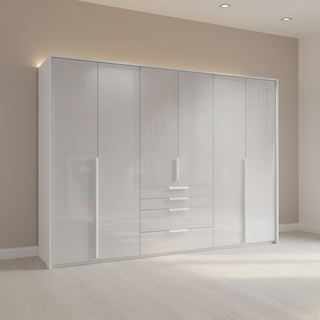 Rauch Frans 301cm White Glass 6 Door Hinged Wardrobe with Exterior Drawers and Passepartout Frame