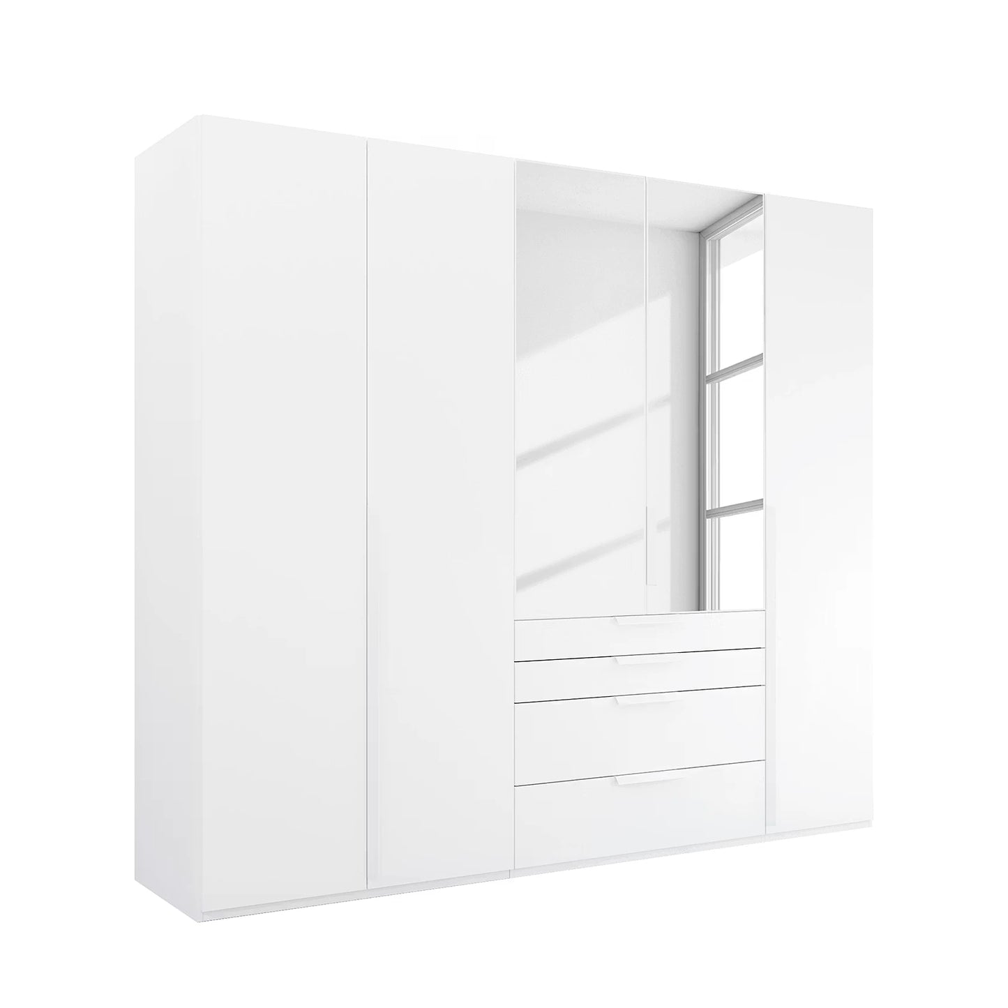 Rauch Frans 251cm 5 door White wardrobe with exterior drawers, Mirror, Premium Interior  and Long Door Handles