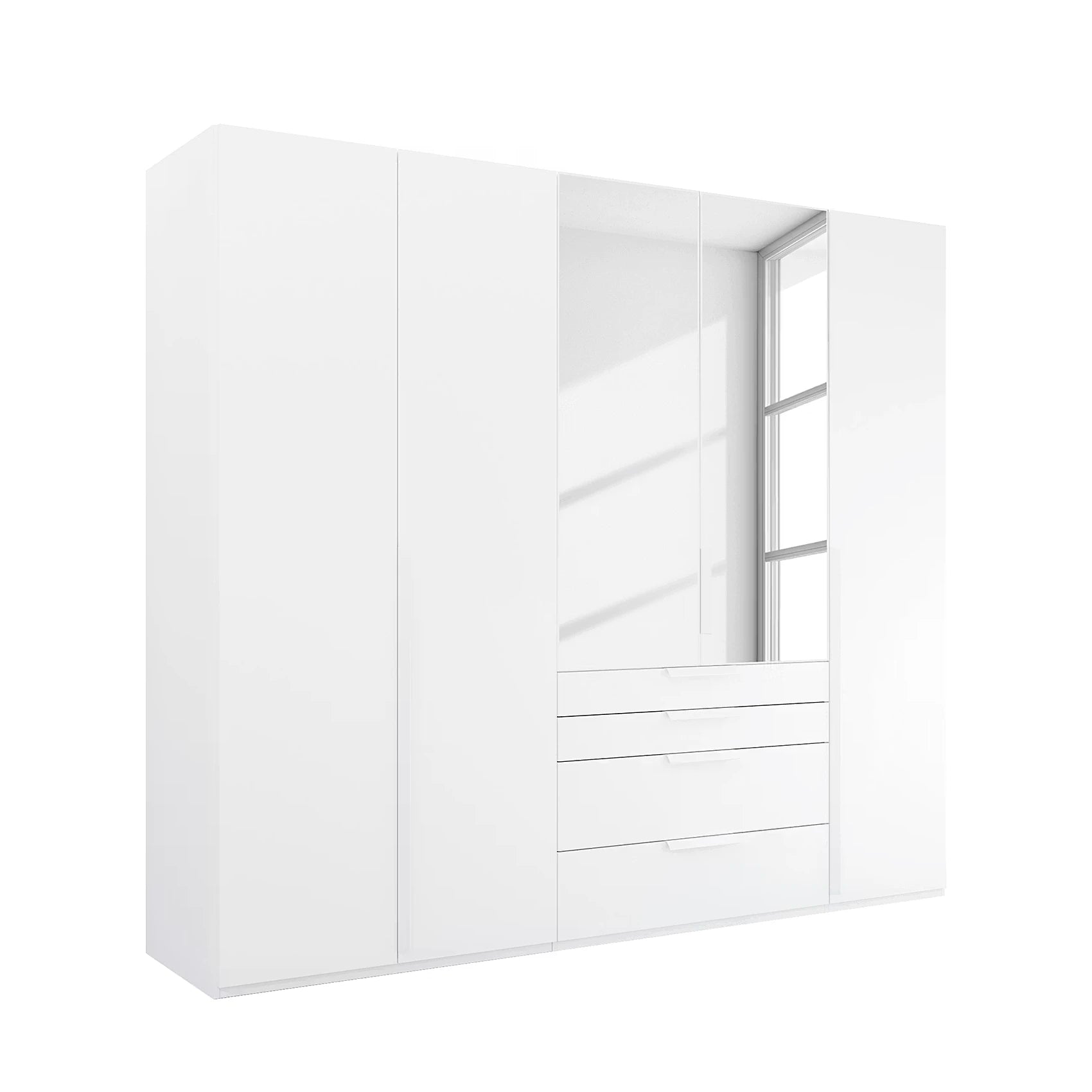 Rauch Frans 251cm 5 door White wardrobe with exterior drawers, Mirror, Premium Interior  and Long Door Handles