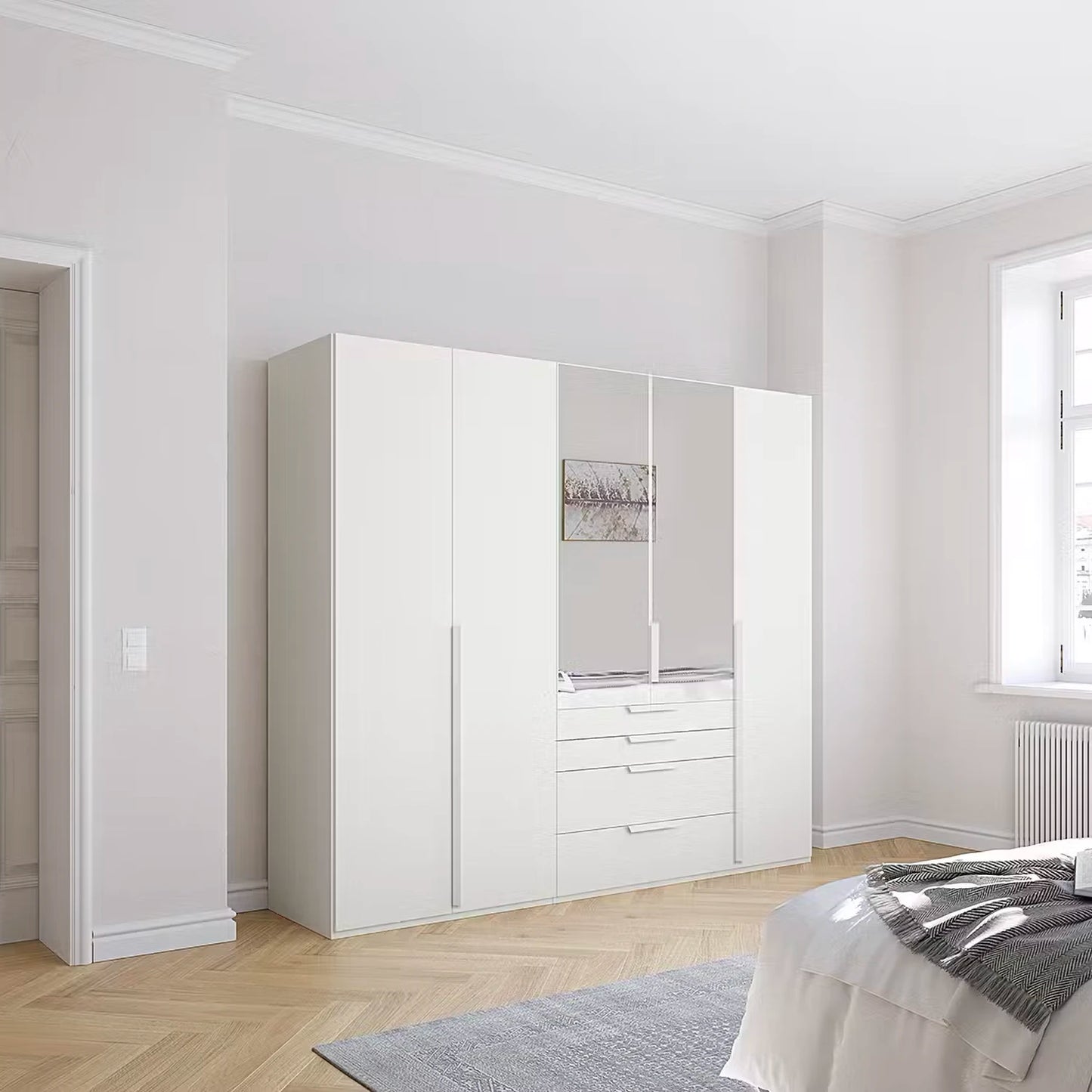 Rauch Frans 251cm 5 door White wardrobe with exterior drawers, Mirror, Premium Interior  and Long Door Handles
