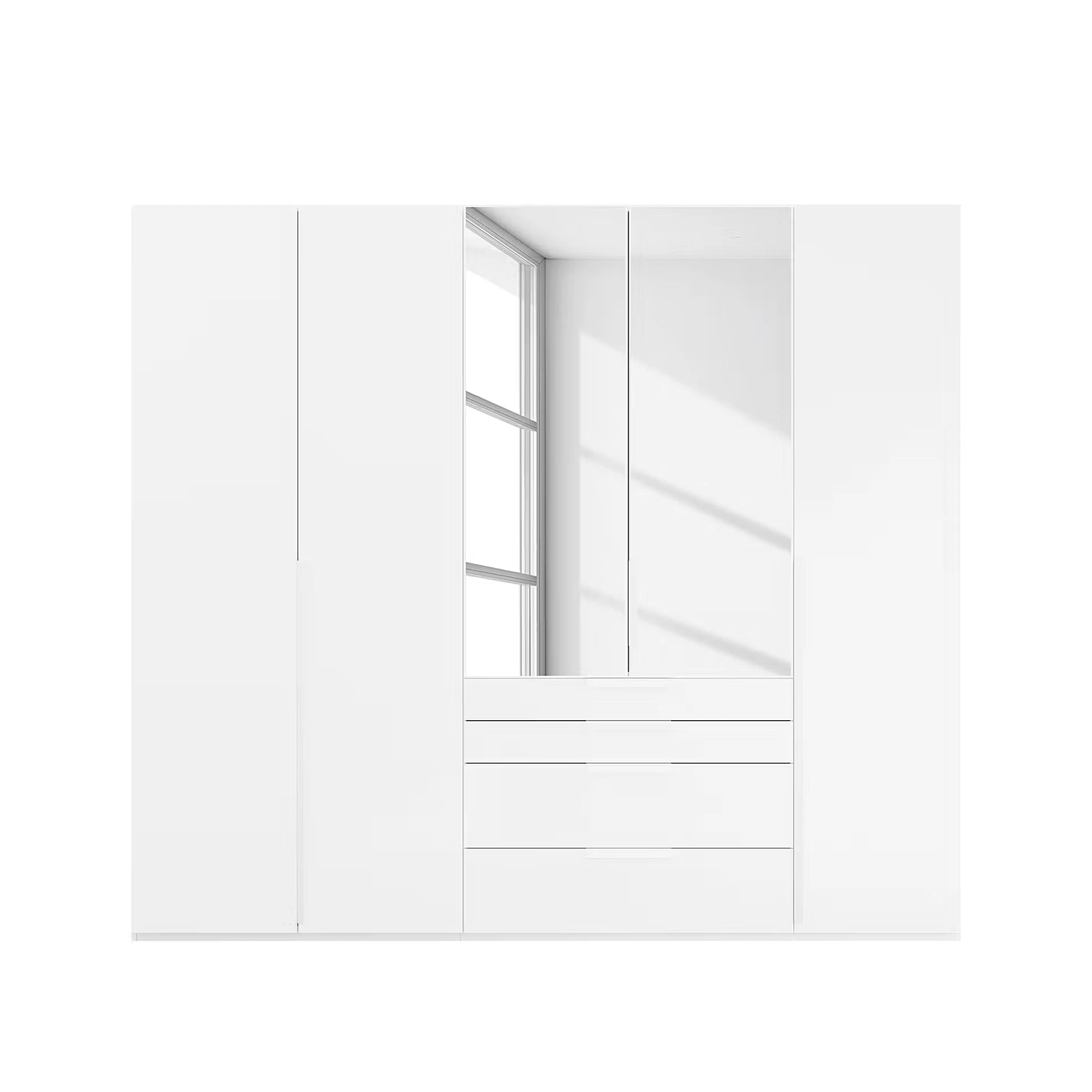 White cabinet with a mirror and drawers on a white background