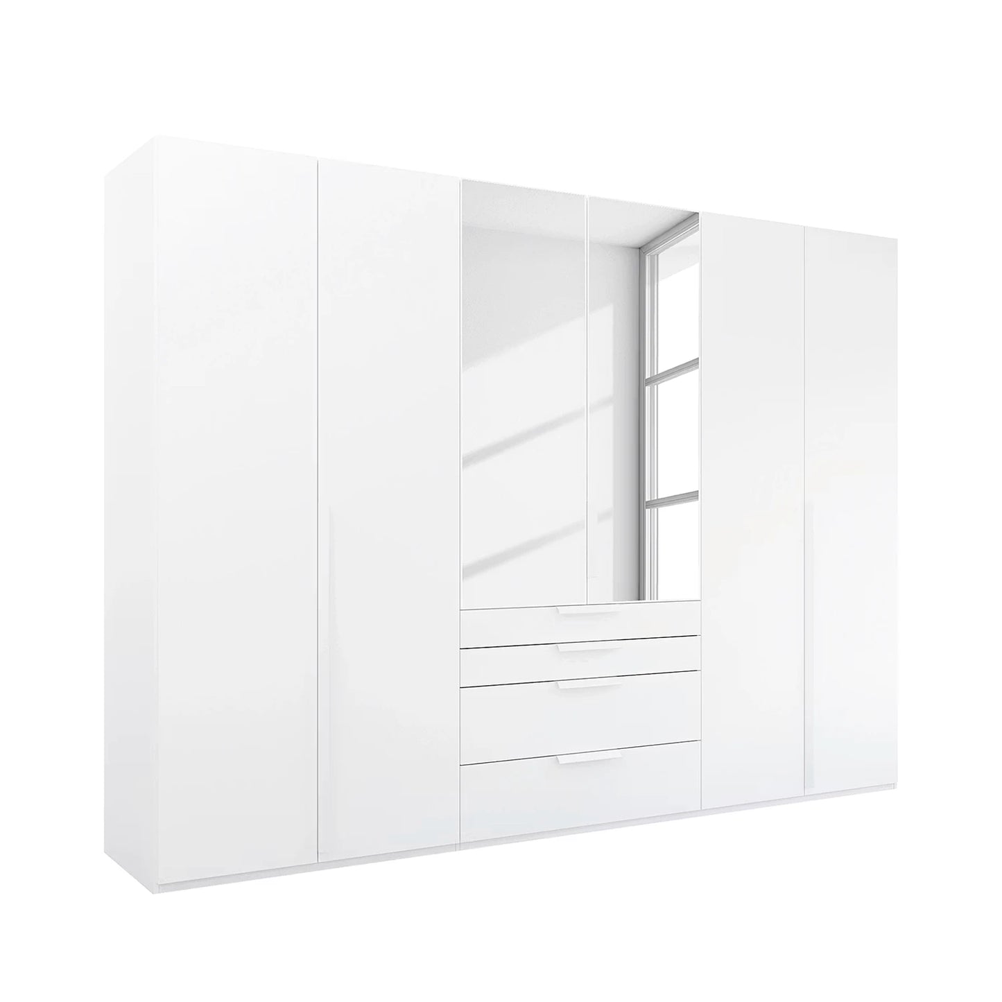 Rauch Frans 301cm White 6 door wardrobe with exterior drawers, Mirror, Premium Interior Inside and Long Door Handles