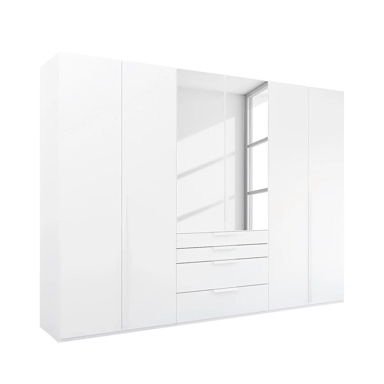 Rauch Frans 301cm White 6 door wardrobe with exterior drawers, Mirror, Premium Interior Inside and Long Door Handles