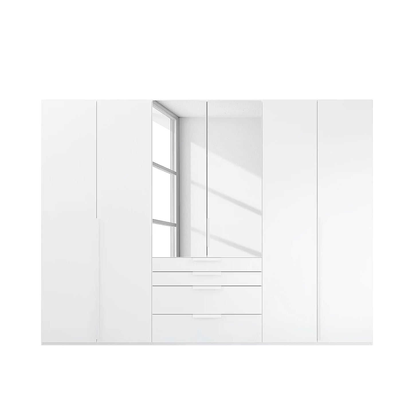 Straight view of Rauch Frans 301cm White 6 door wardrobe with exterior drawers, Mirror, Premium Interior Inside and Long Door Handles
