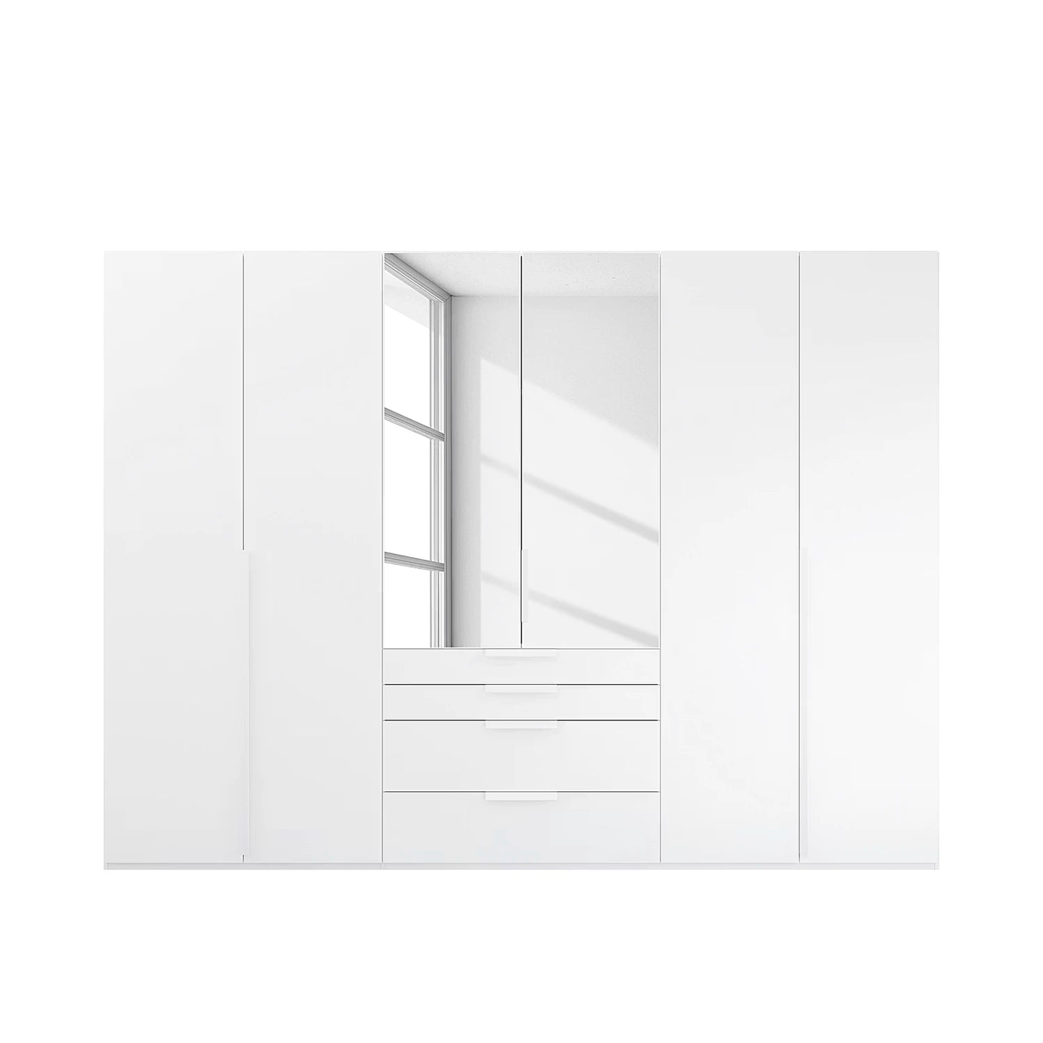 Straight view of Rauch Frans 301cm White 6 door wardrobe with exterior drawers, Mirror, Premium Interior Inside and Long Door Handles