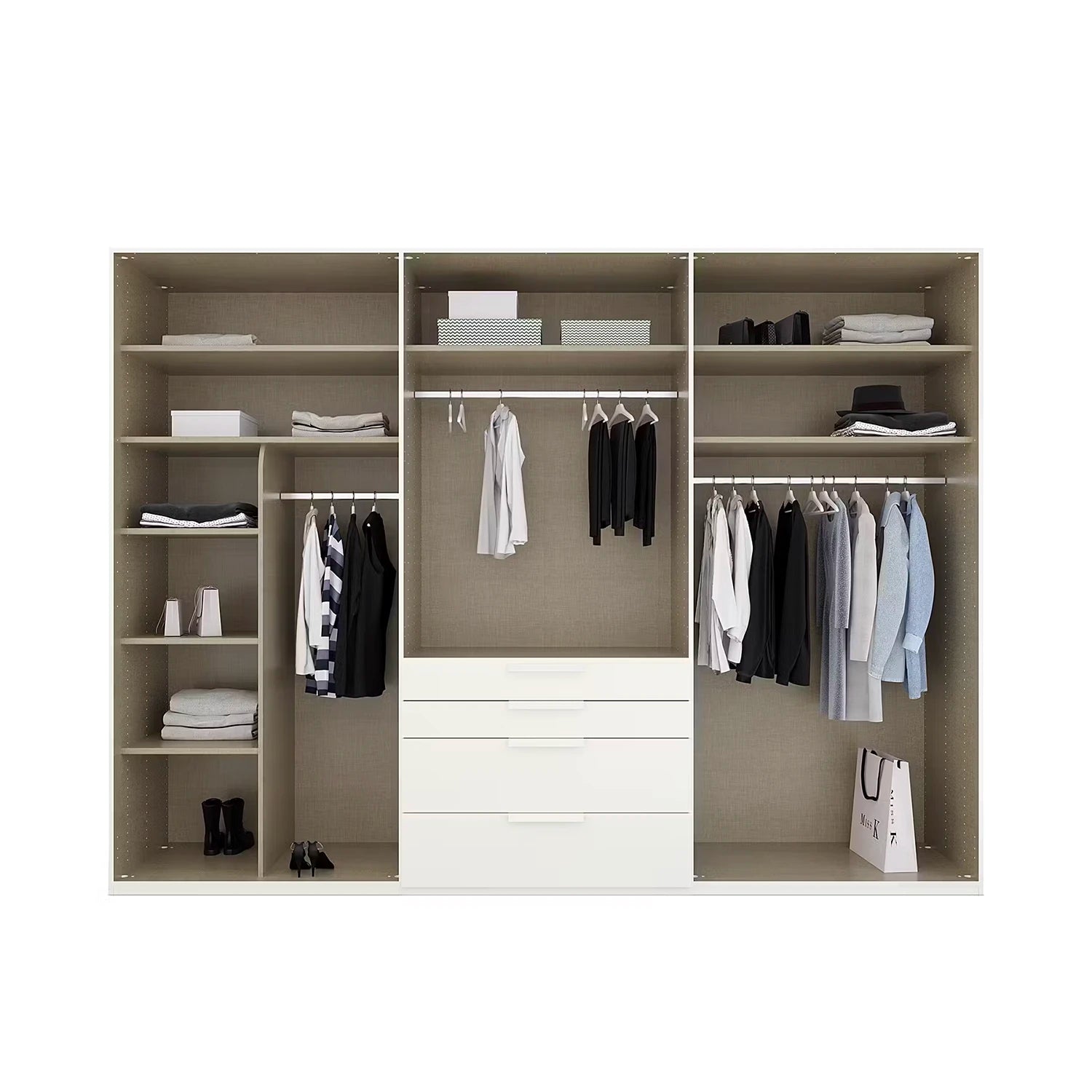 Interior of Rauch Frans 301cm Graphite 6 door wardrobe with exterior drawers, Long Door Handles and Passepartout Frame