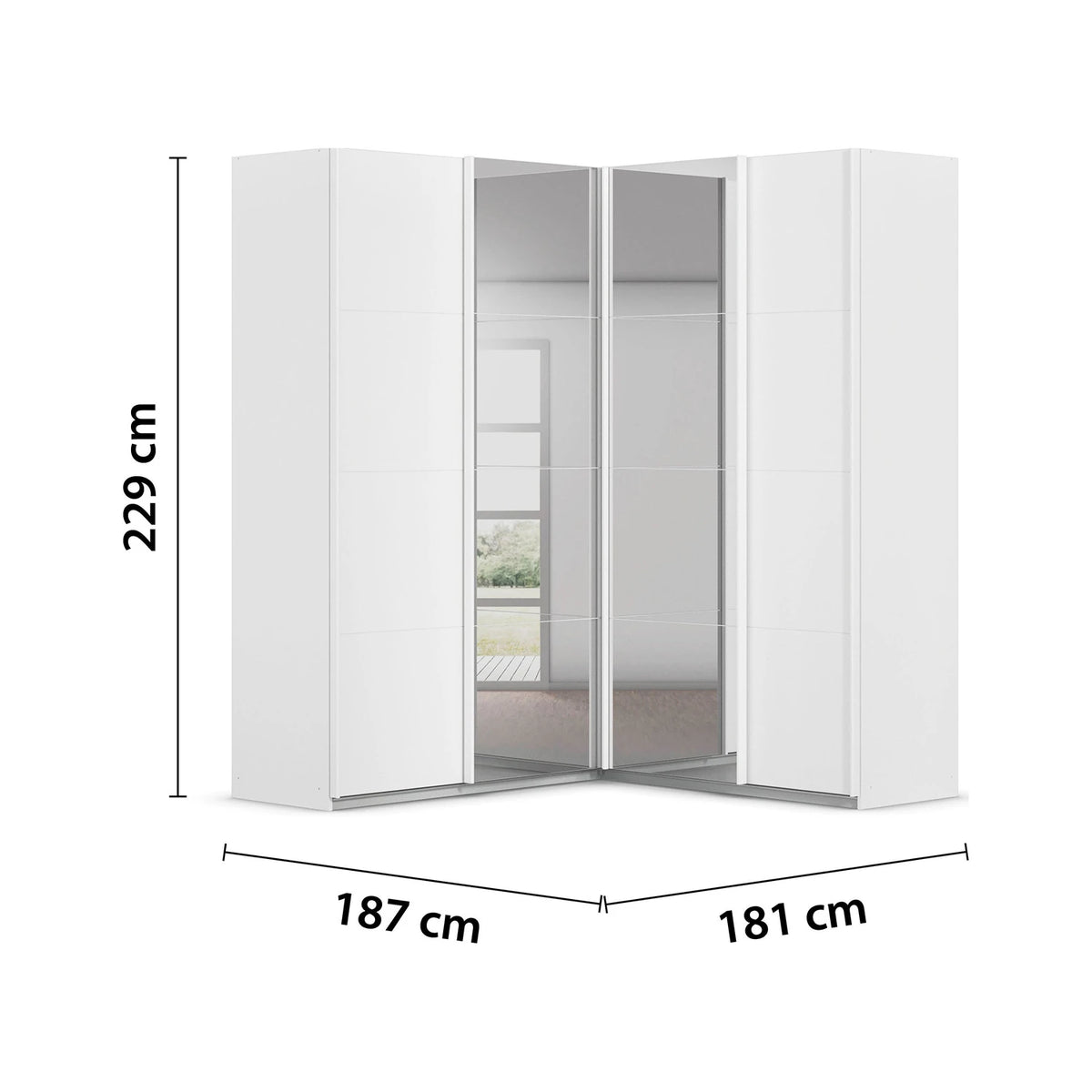 Large Quadra Lema White corner wardrobe with mirrored sliding doors, shown with dimension labels indicating 229 cm height, 187 cm width, and 181 cm depth.