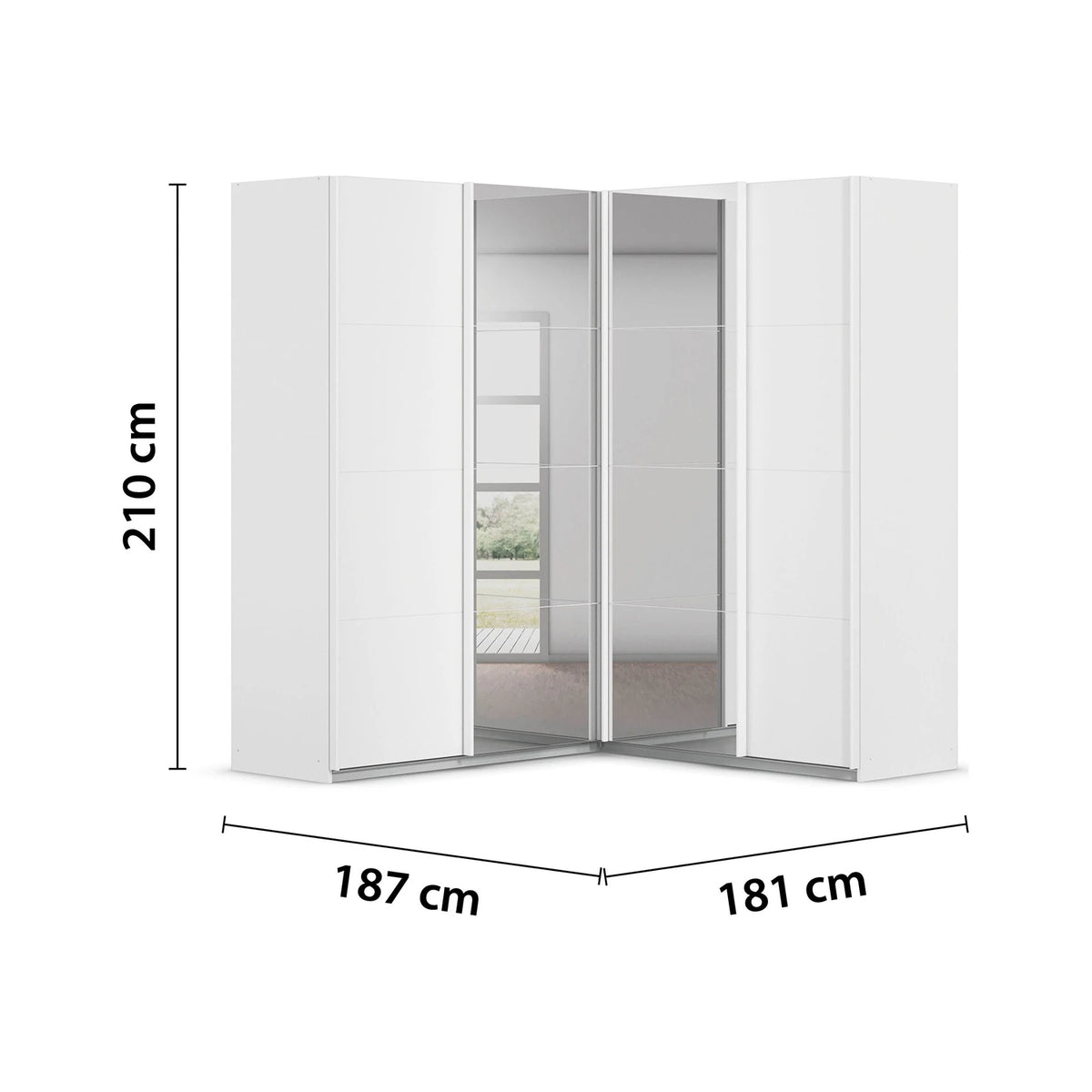 White Rauch Quadra Lema corner wardrobe with mirrored sliding doors, shown with dimension labels indicating 210 cm height, 187 cm width, and 181 cm depth.