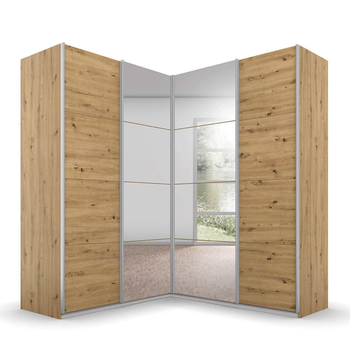 A modern Rauch Lema corner wardrobe with light brown wood grain doors and mirrored sliding panels, shown on a clean white background.