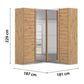 Wood grain Rauch Quadra Lema Corner wardrobe with mirrored doors, shown with dimension annotations indicating a height of 229 cm, width of 187 cm, and depth of 181 cm.