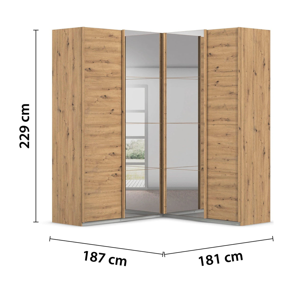 Wood grain Rauch Quadra Lema Corner wardrobe with mirrored doors, shown with dimension annotations indicating a height of 229 cm, width of 187 cm, and depth of 181 cm.