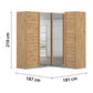 A corner wardrobe with light oak wood grain doors and mirrored sliding panels, shown with dimension labels indicating 210 cm height, 187 cm width, and 181 cm depth.