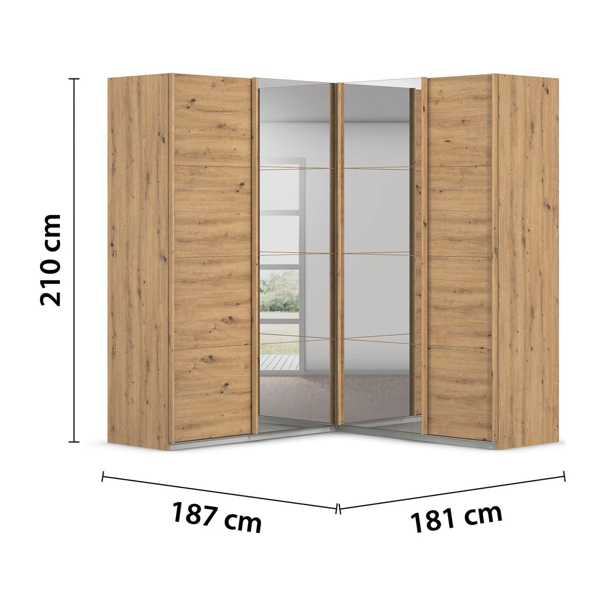 A corner wardrobe with light oak wood grain doors and mirrored sliding panels, shown with dimension labels indicating 210 cm height, 187 cm width, and 181 cm depth.