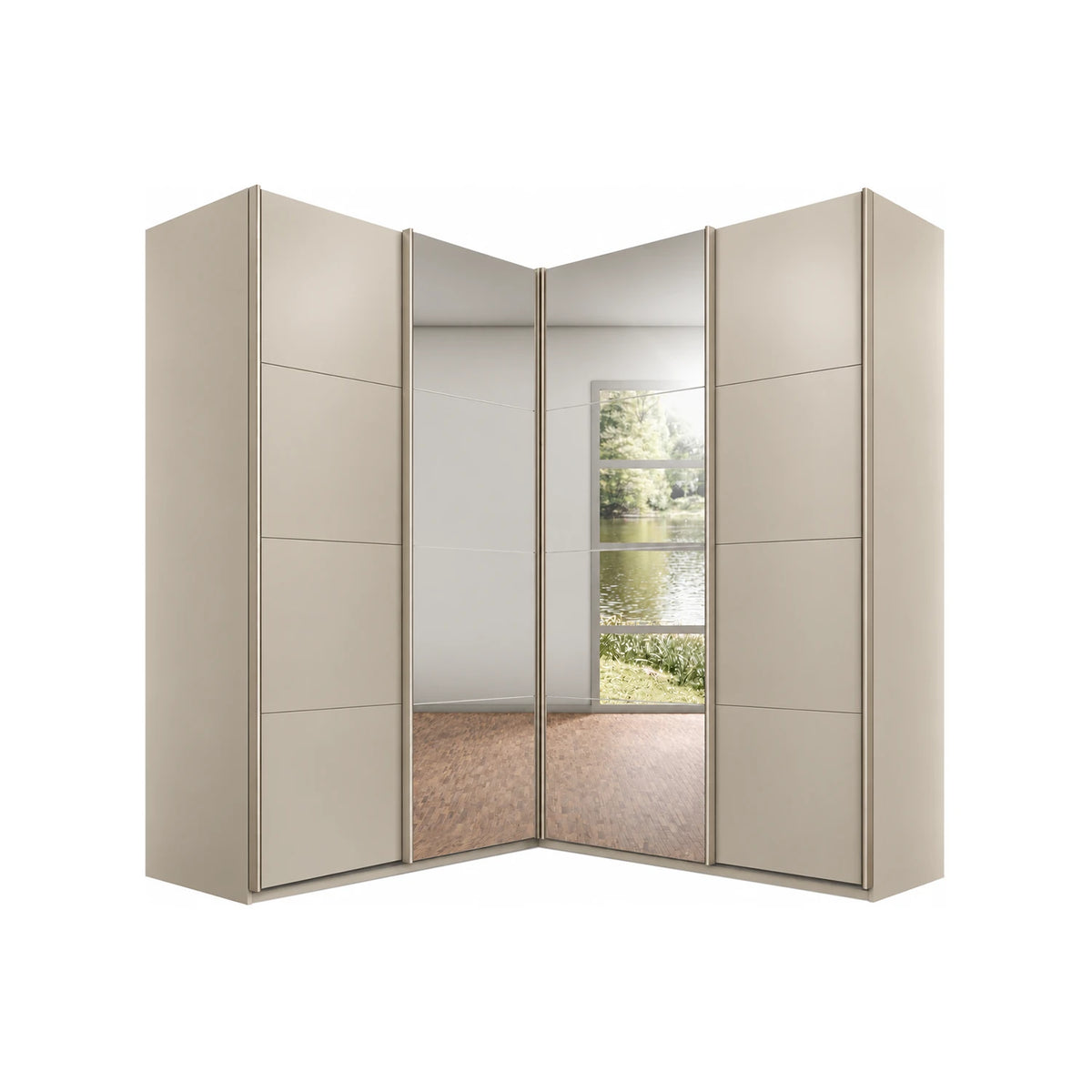 A modern Rauch Quadra Lema corner wardrobe with four doors, including two mirrored doors that reflect an interior room and outdoor scenery. The wardrobe doors have a Champagne finish.