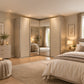 A modern bedroom featuring a Rauch quadra large corner wardrobe with sliding Champagne-colored doors and mirrored panels, styled with a bed, bedside tables, and warm ambient lighting.