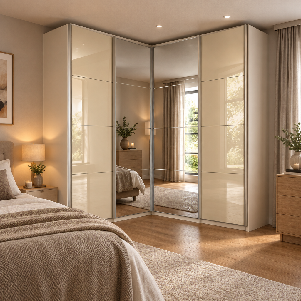 Rauch Lema Glass 4 Door Sliding Corner Wardrobe with Mirror