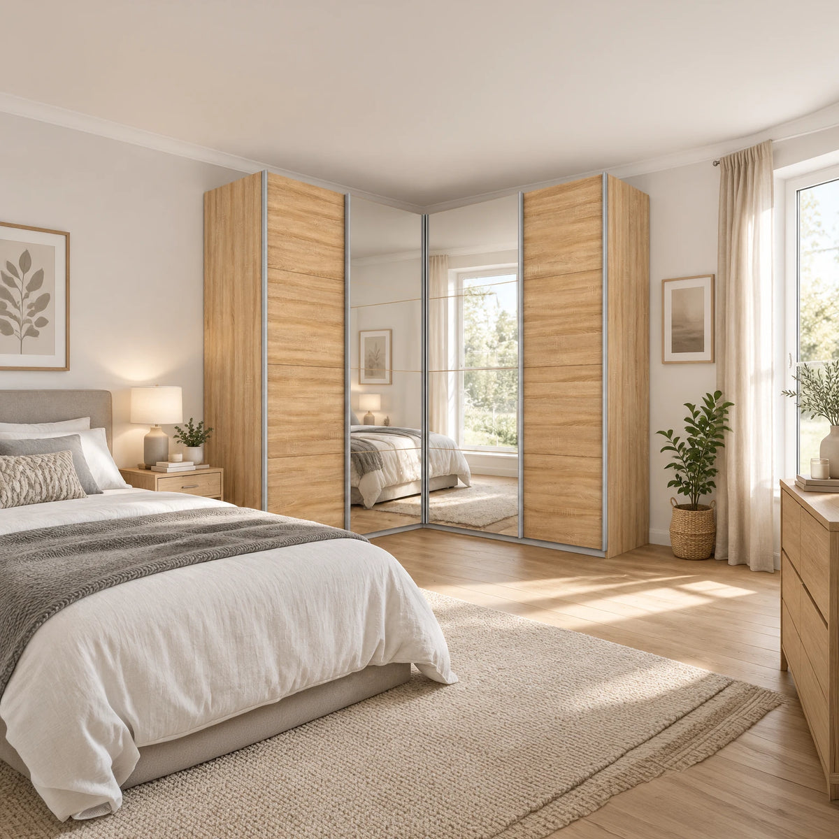 Rauch Quadra Lema Sonoma Oak Finish Large Corner Wardrobe With Sliding Doors and Mirrors