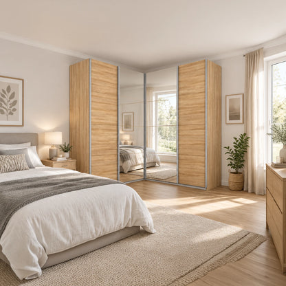 Rauch Quadra Lema Sonoma Oak Finish Large Corner Wardrobe With Sliding Doors and Mirrors