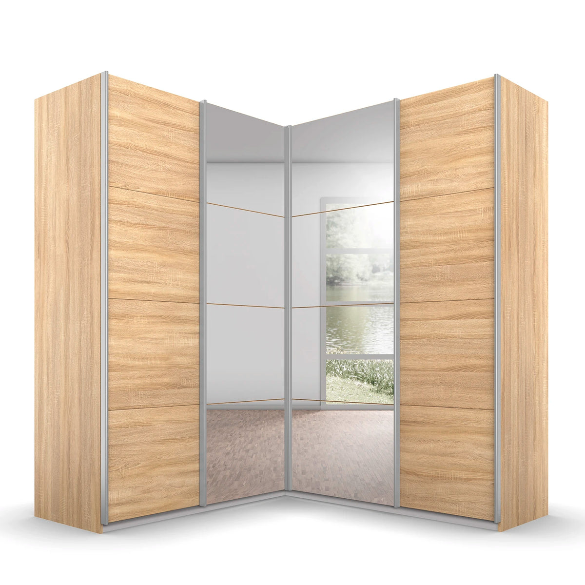 A modern Rauch Quadra Lema corner wardrobe with light oak wood grain doors and mirrored sliding panels, shown on a clean white background.