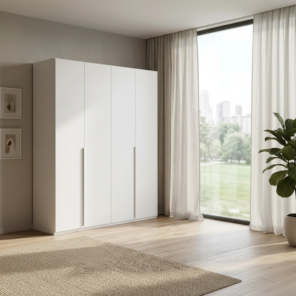 Rauch Heaven 201cm 4 Door Hinged Wardrobe with Décor Doors in Alpine White styled in a modern room