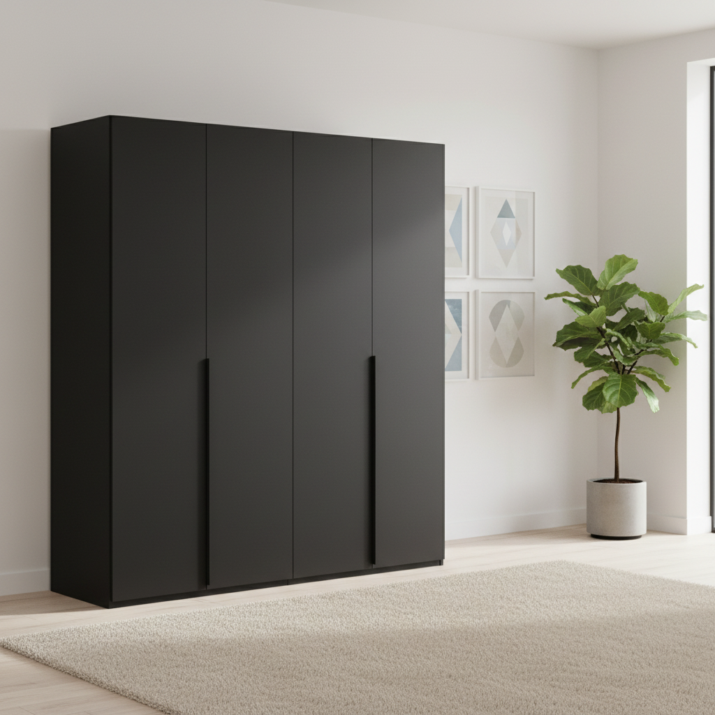 Rauch Heaven 201cm 4 Door Hinged Wardrobe with Décor Doors in Black styled in a modern room