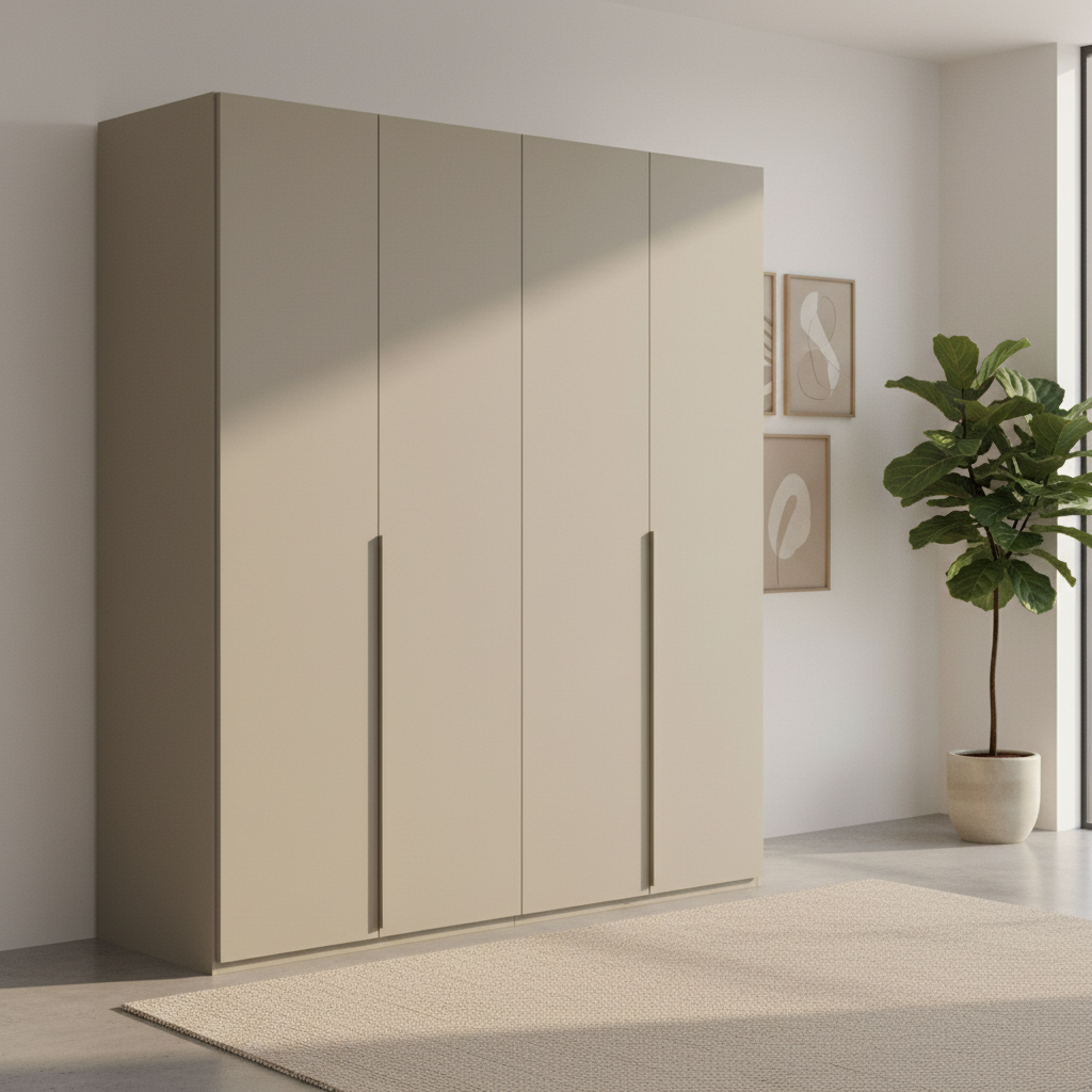 Rauch Heaven 201cm 4 Door Hinged Wardrobe with Décor Doors in Fango styled in a modern room