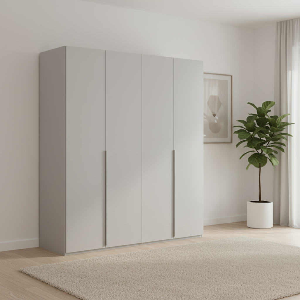 Rauch Heaven 201cm 4 Door Hinged Wardrobe with Décor Doors in Silk Grey styled in a modern room