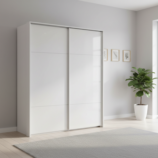 Rauch Heaven 200cm 2 Door Slider Wardrobe with Glass Doors in Alpine White styled in a modern bedroom