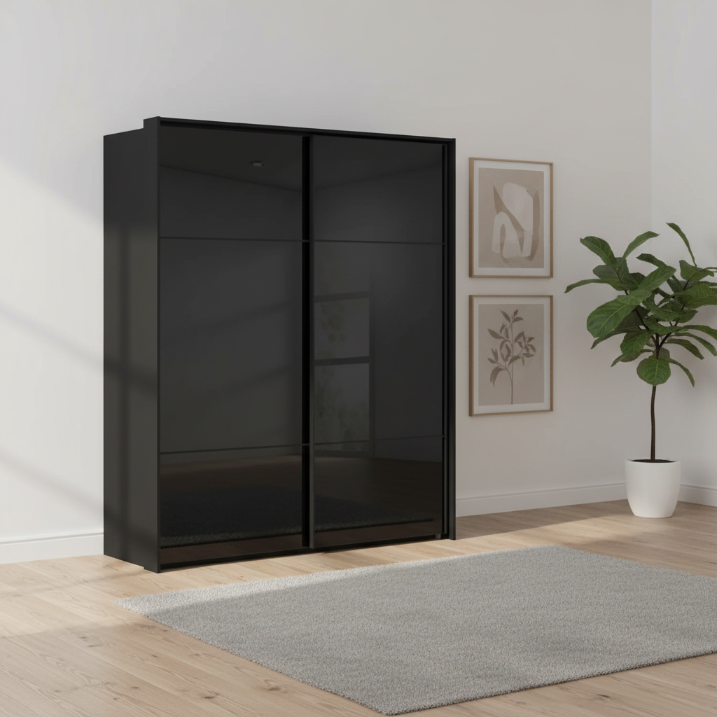 Rauch Heaven 200cm 2 Door Slider Wardrobe with Glass Doors in Black styled in a modern bedroom