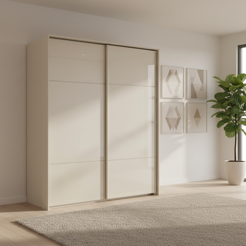 Rauch Heaven 200cm 2 Door Slider Wardrobe with Glass Doors in Champagne styled in a modern bedroom