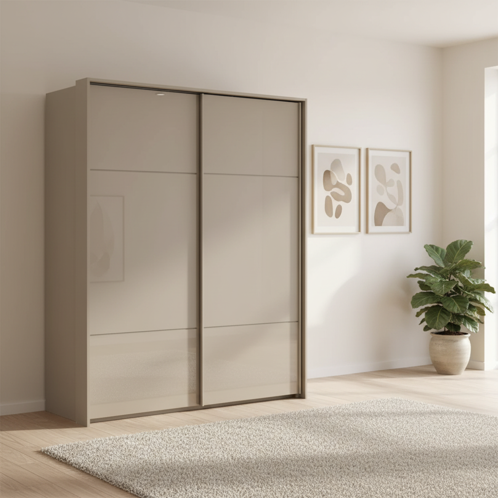 Rauch Heaven 200cm 2 Door Slider Wardrobe with Glass Doors in Fango Styled in a modern bedroom