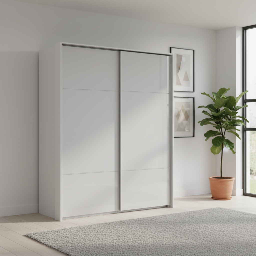 Rauch Heaven 200cm 2 Door Slider Wardrobe with Glass Doors in Silk Grey styled in a modern bedroom