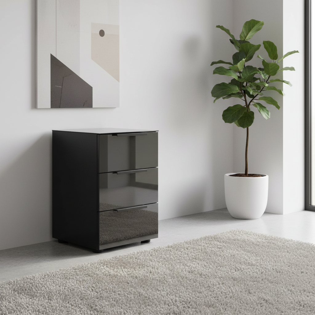 Rauch Heaven 3 Drawer Bedside Cabinet with Glass Top and Front in Black styled in a modern room