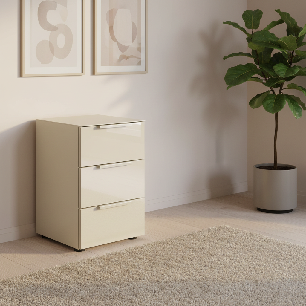Rauch Heaven 3 Drawer Bedside Cabinet with Glass Top and Front in Champagne styled in a modern room