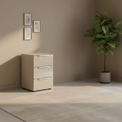 Rauch Heaven 3 Drawer Bedside Cabinet with Glass Top and Front in Fango styled in a modern room