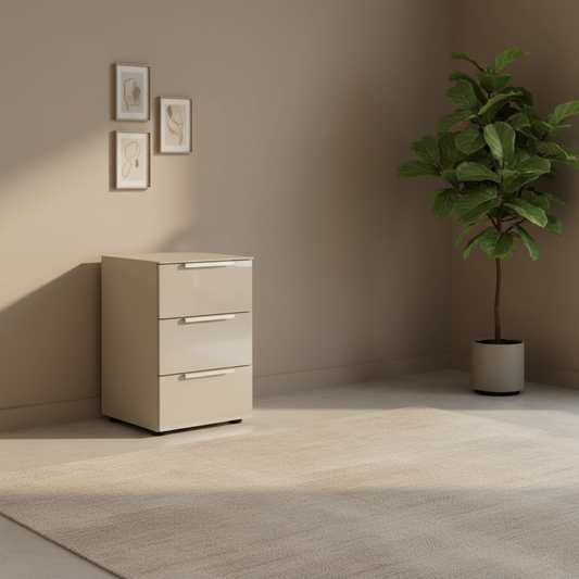 Rauch Heaven 3 Drawer Bedside Cabinet with Glass Top and Front in Fango styled in a modern room