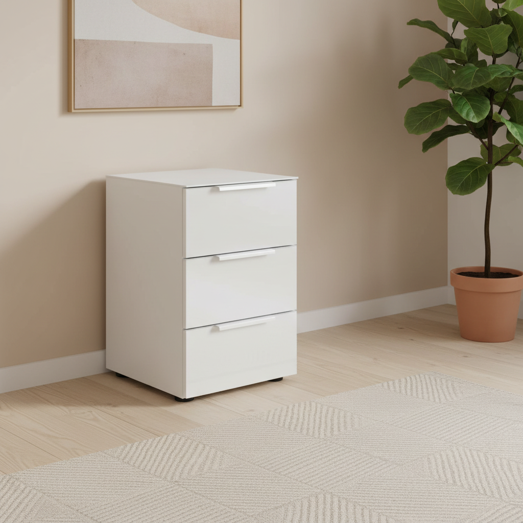 Rauch Heaven 3 Drawer Bedside Cabinet with Glass Top and Front in Alpine White styled in a modern room